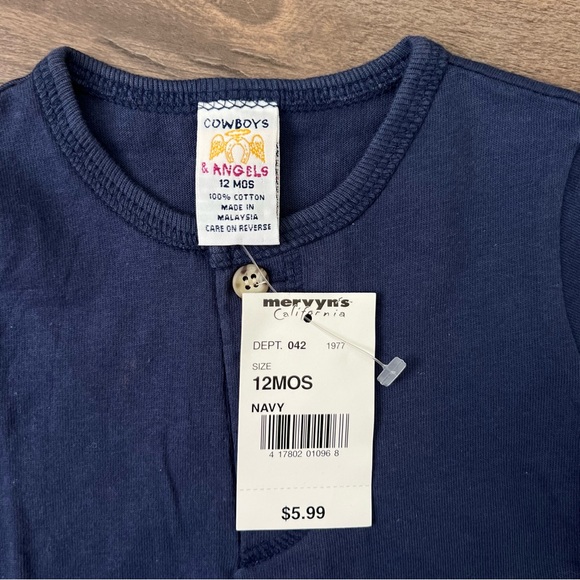 NWT Vintage 90s Cowboys & Angels Navy Henley Short Sleeve Onesie Size 12 Months - Picture 4 of 5